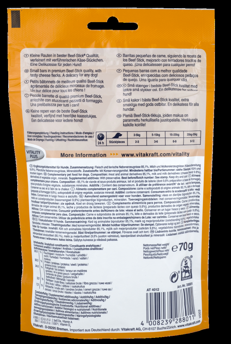 Vitakraft Beef Stick Quadros, Hundeleckerlie, Extra Fleischig, Mit Käse, Zum Belohnen Und Verwöhnen (1x 70g) (Packung Mit 2