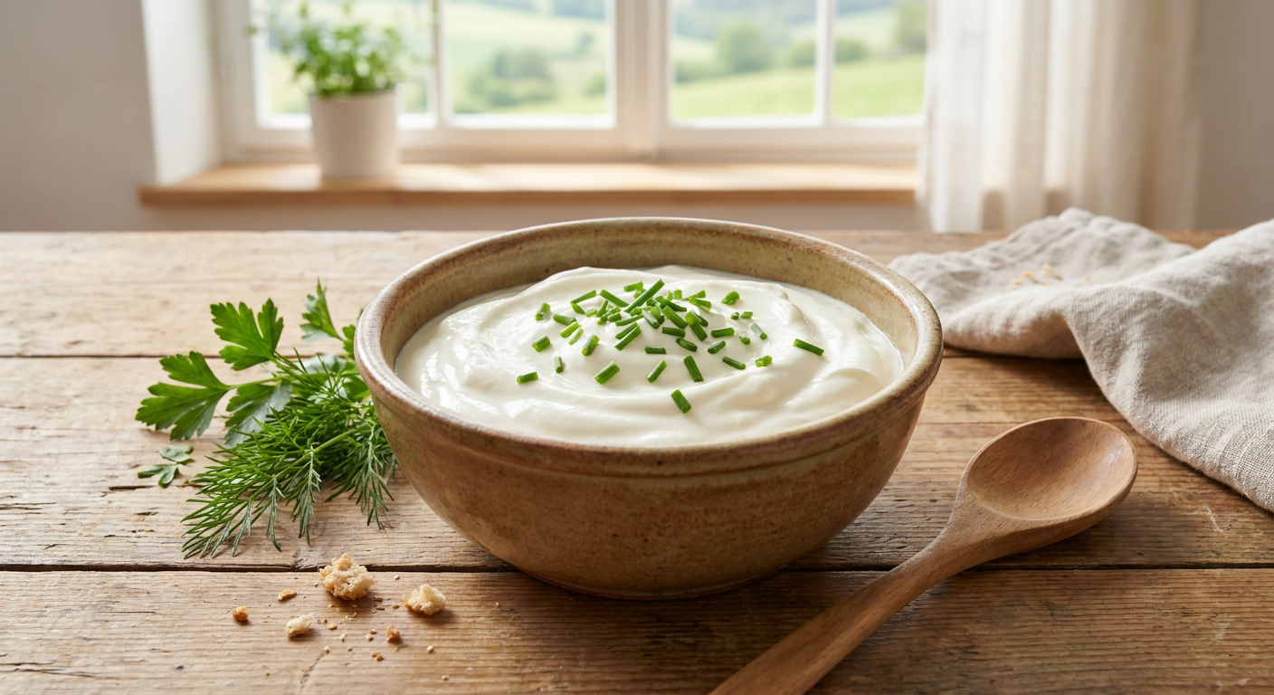 Fresh sour cream in a rustic bowl