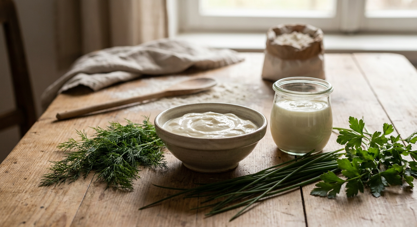 Fresh dairy products on a rustic kitchen table