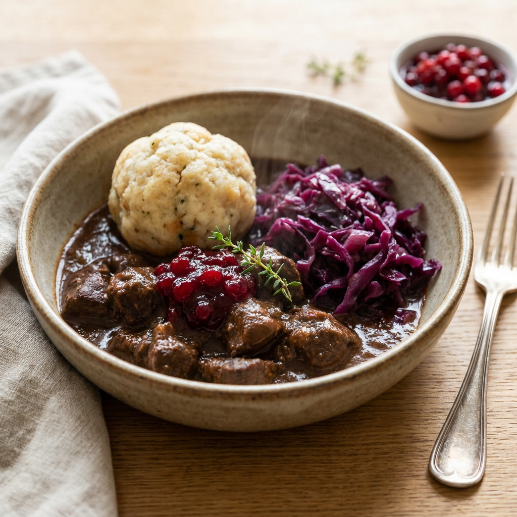 Fertiges Rehragout serviert mit Rotkraut