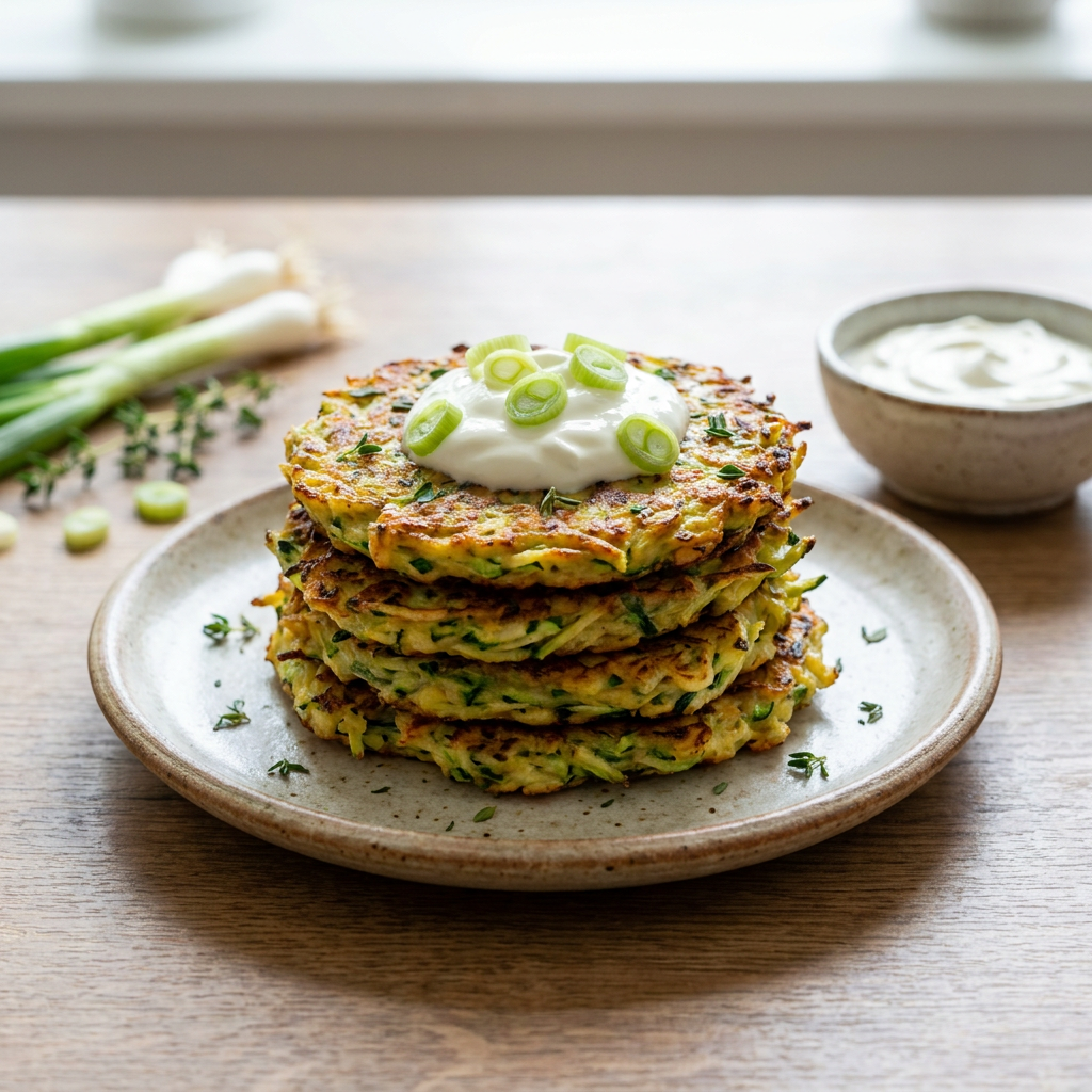 Knusprige goldbraune Zucchinilaibchen mit Sauerrahm-Dip