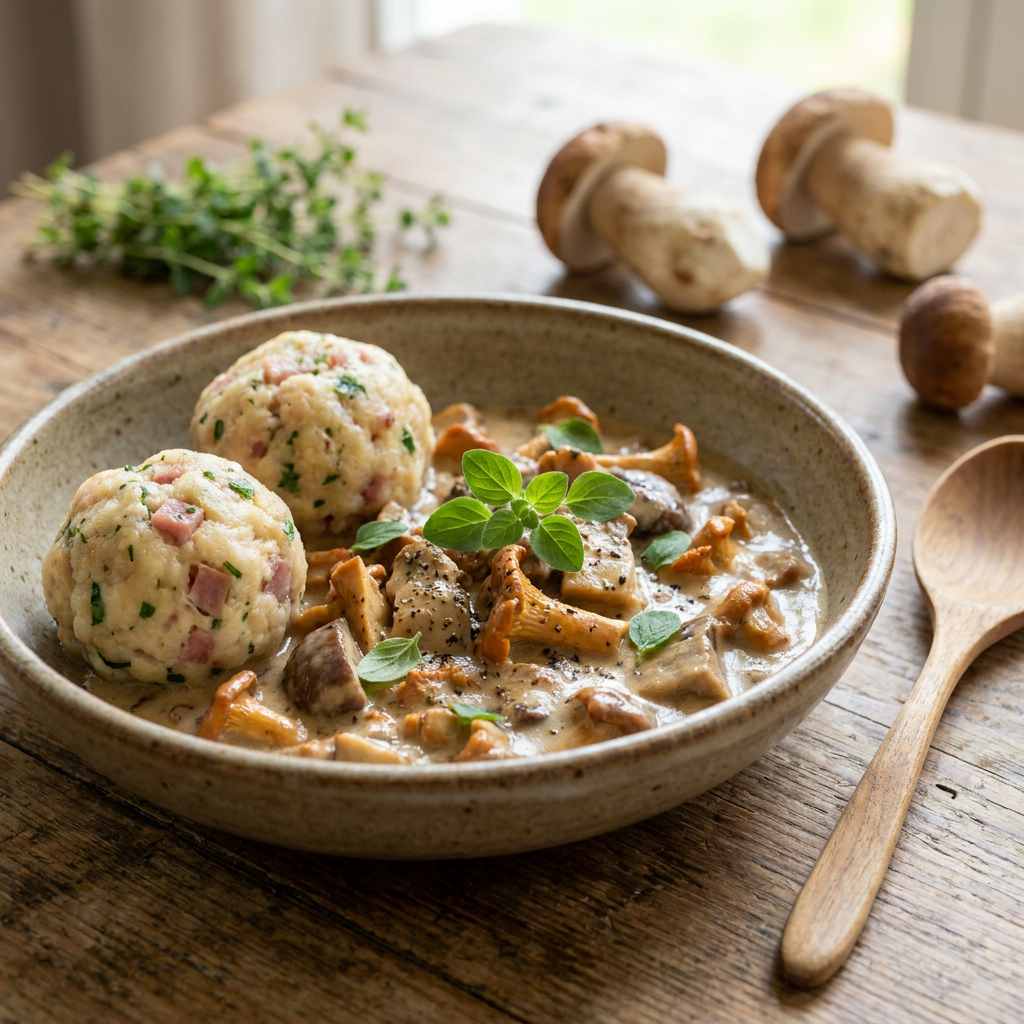 Klassisches Wiener Eierschwammerlgulasch mit Semmelknödeln serviert in einer rustikalen Schüssel