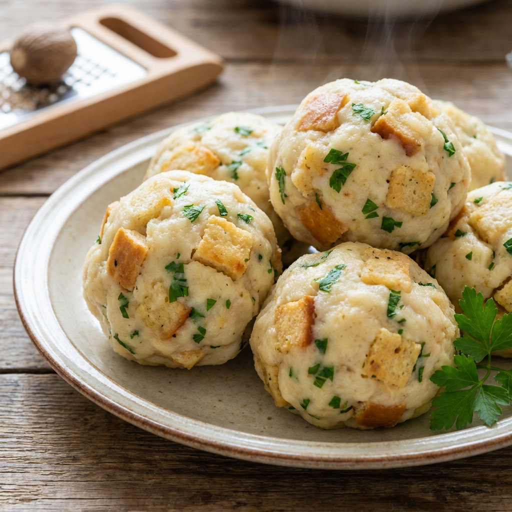Flaumige Semmelknödel serviert mit cremiger Schwammerlsauce