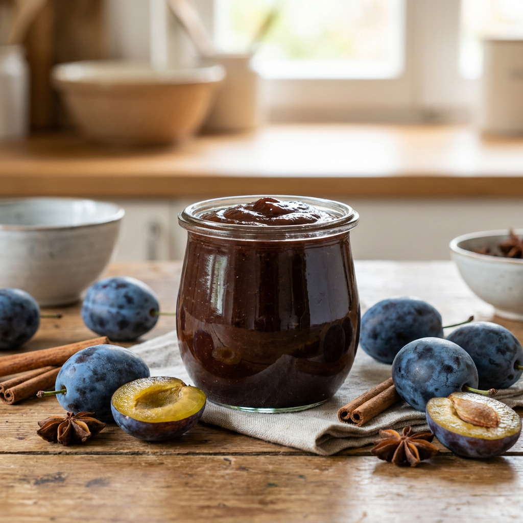 Ein rustikales Glas mit eingekochtem Zwetschkenröster neben frischen Zwetschken und Zimtstangen