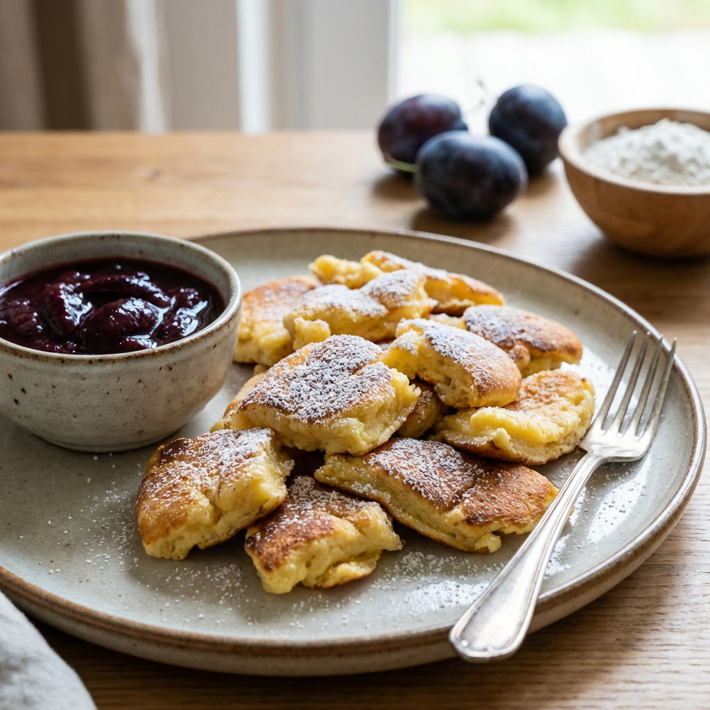 Klassischer österreichischer Kaiserschmarrn serviert mit tiefviolettem Zwetschkenröster