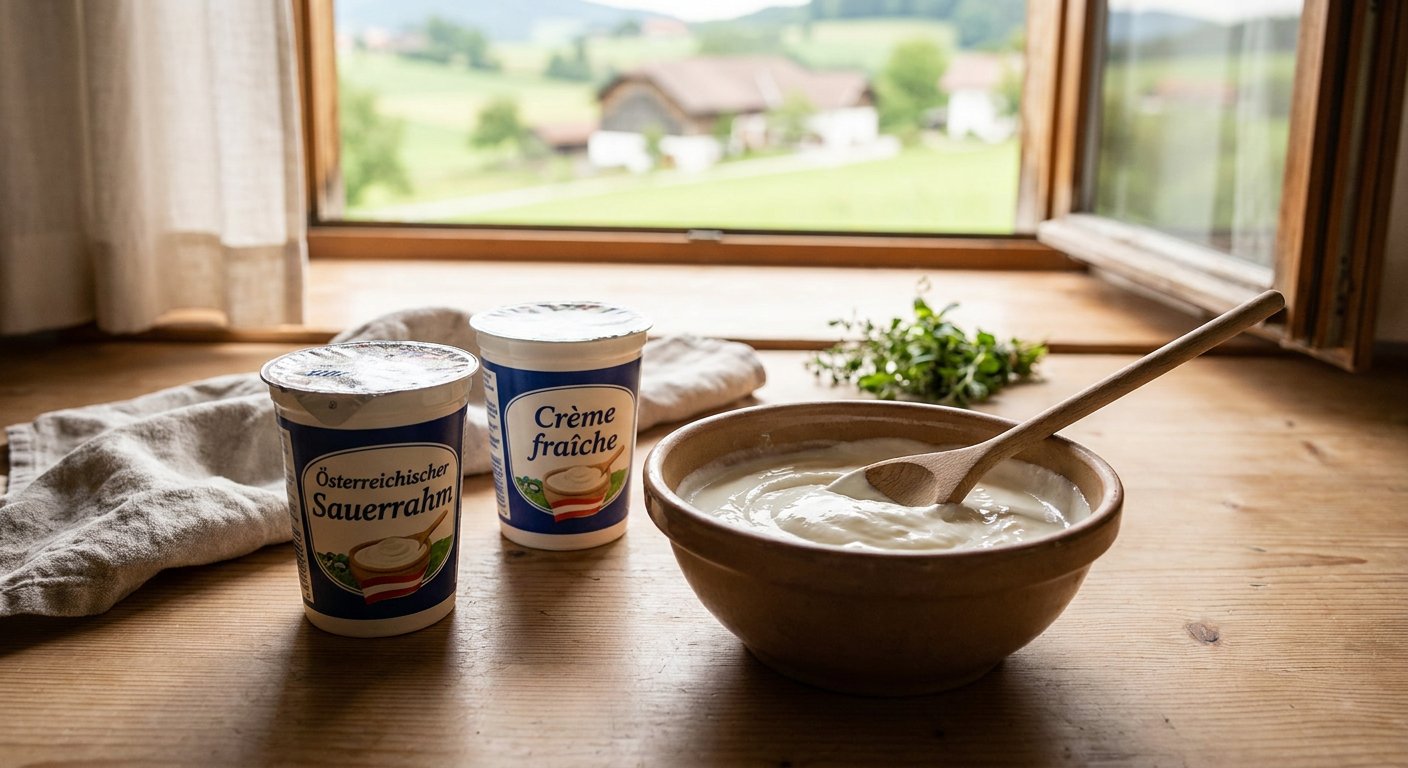 Sauerrahm und Crème fraîche werden in einer Schüssel zu einem perfekten Schmand-Ersatz verrührt