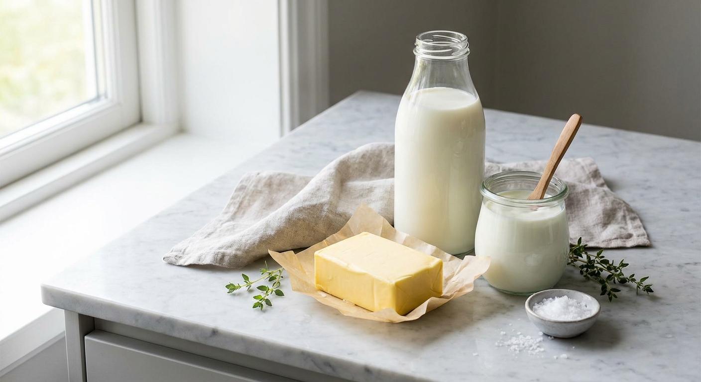 Frische Milch, Butter und Joghurt auf Marmoroberfläche