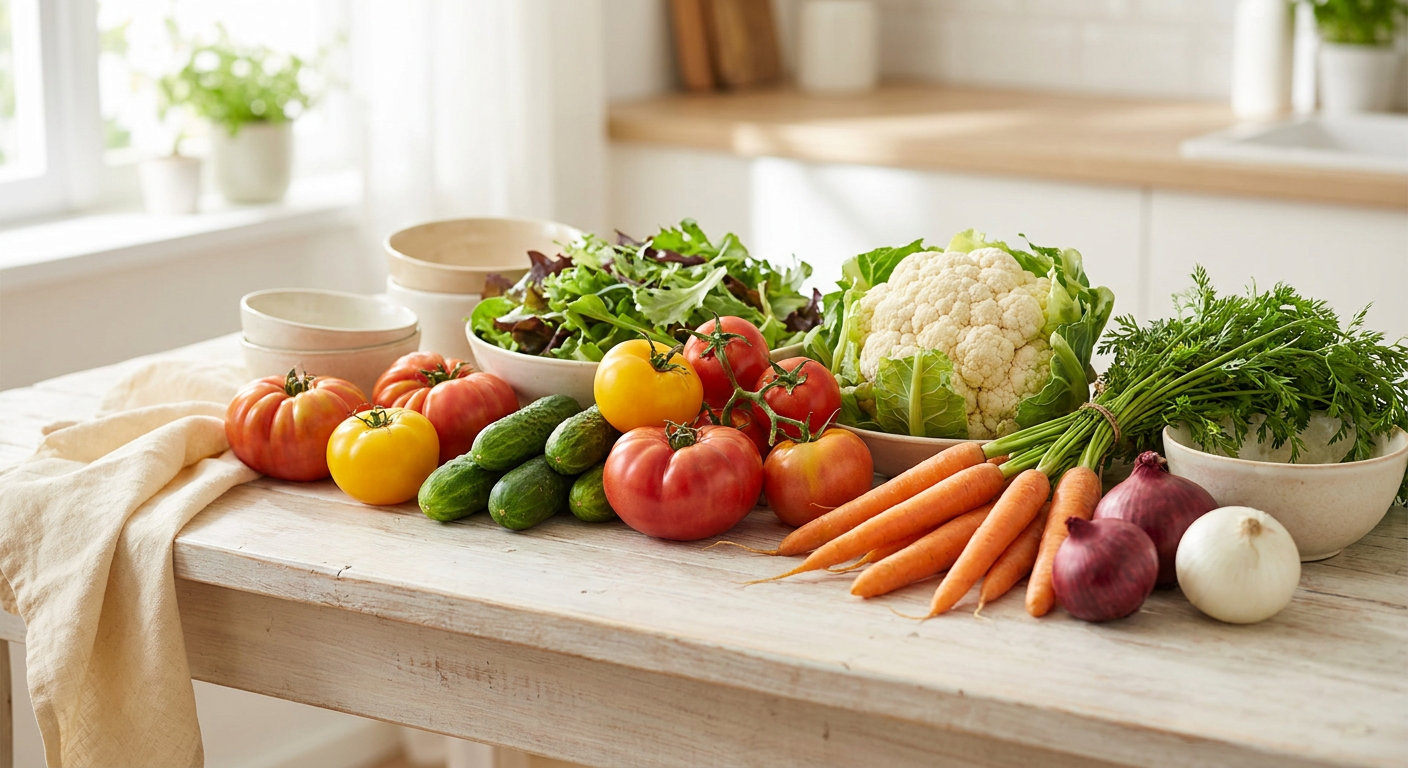 Buntes österreichisches Gartengemüse: Paradeiser, Gurken, Karotten, Karfiol und Salat