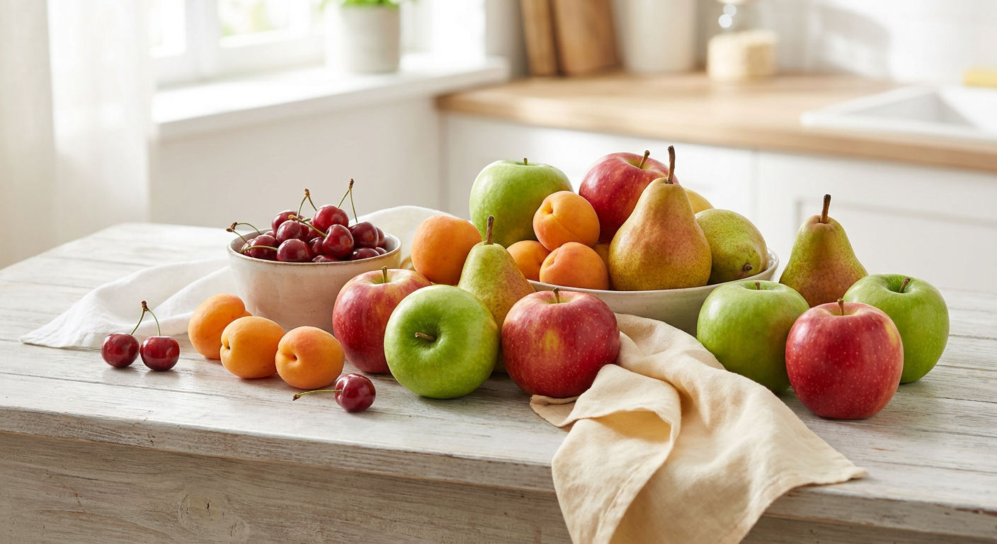 Frische österreichische Äpfel, Birnen, Marillen und Kirschen auf Holzoberfläche