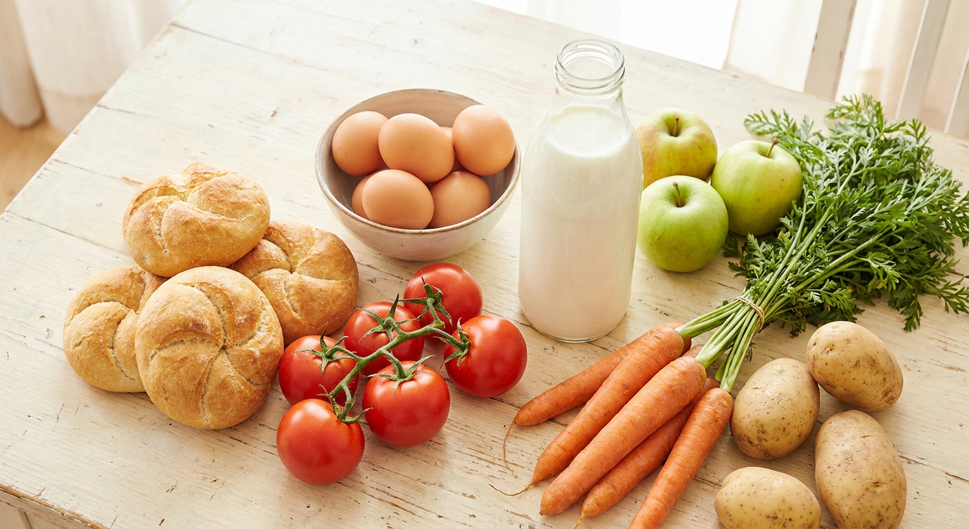 Frische Grundnahrungsmittel: Semmeln, Eier, Milch, Paradeiser, Äpfel und Erdäpfel auf Holzoberfläche