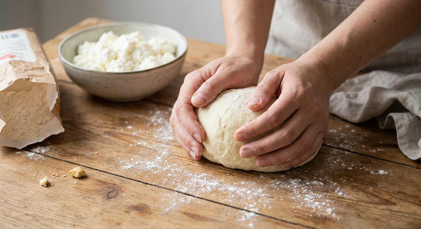 Zubereitung des Topfenteigs für Marillenknödel