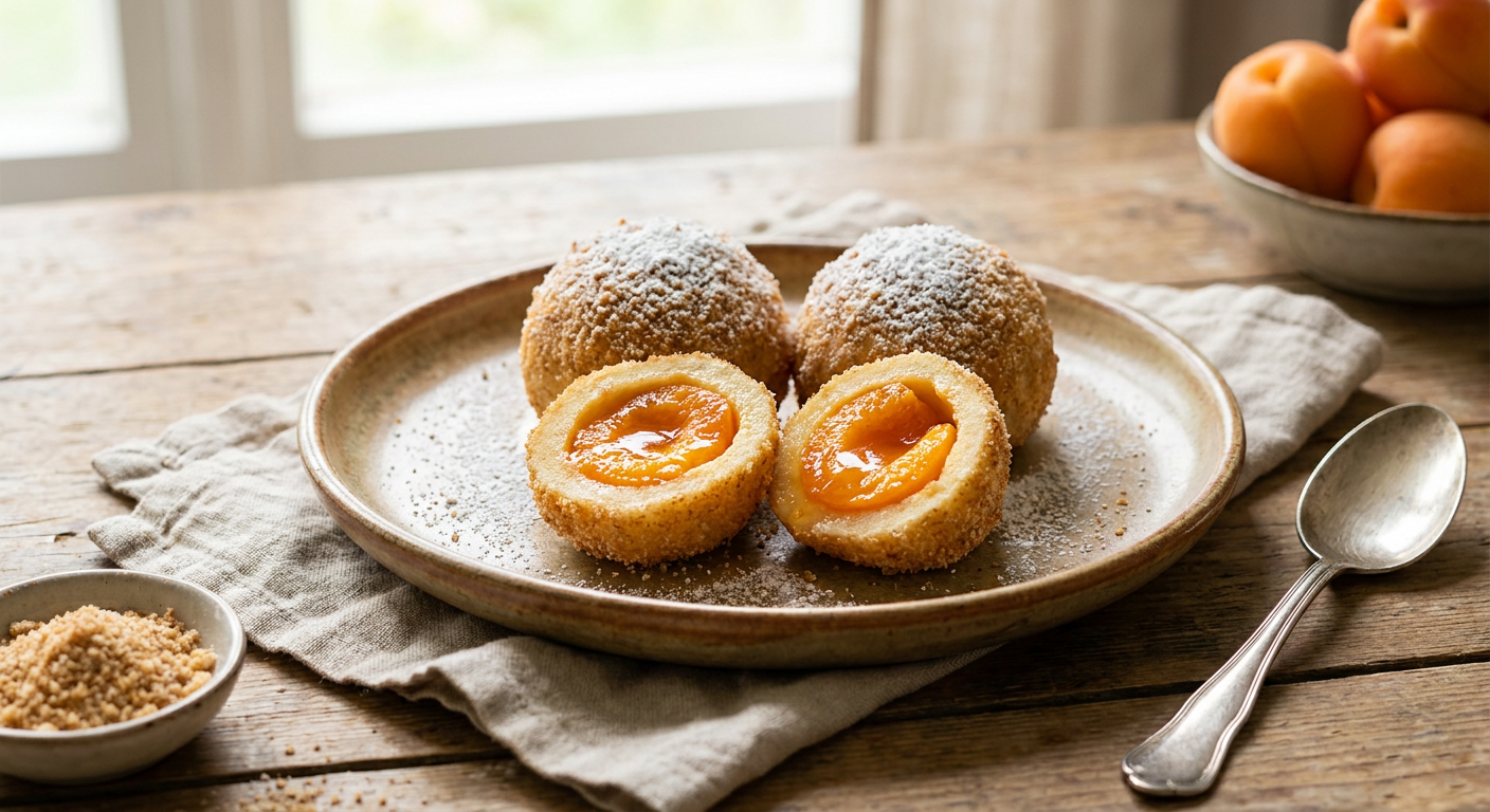 Klassische österreichische Marillenknödel aus Topfenteig mit goldbraunen Bröseln und Staubzucker