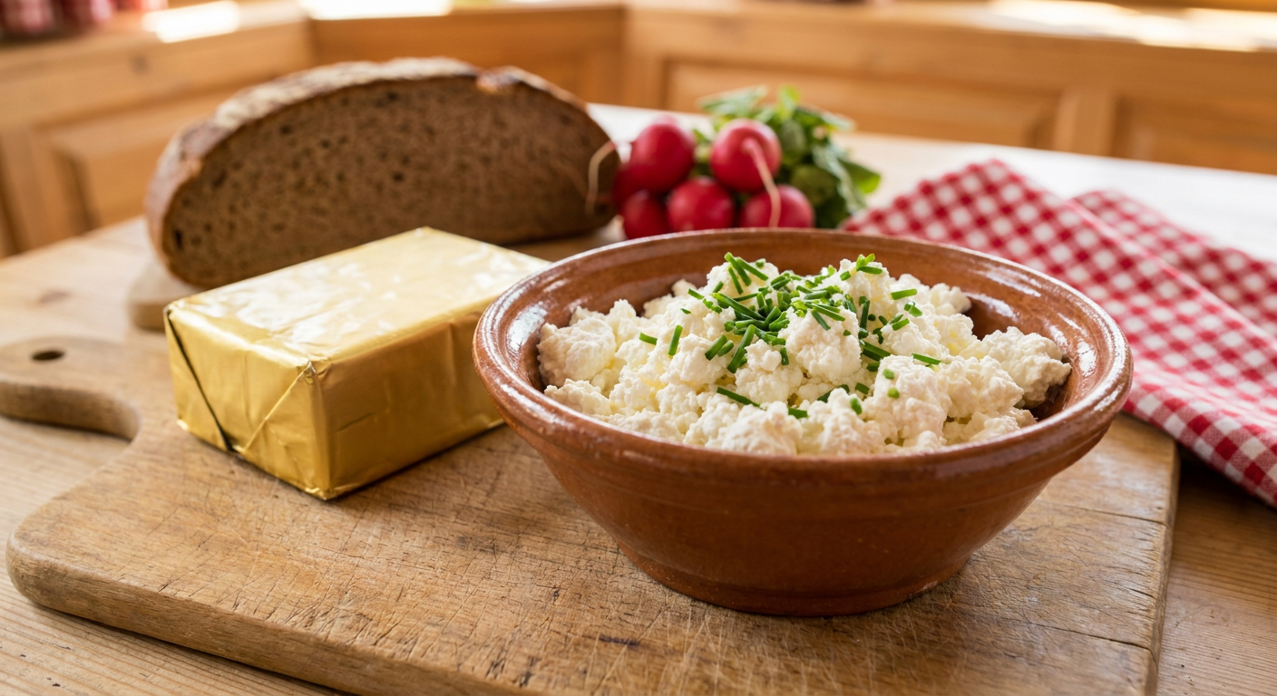 Frischer Topfen und Butter auf einem Holzbrett
