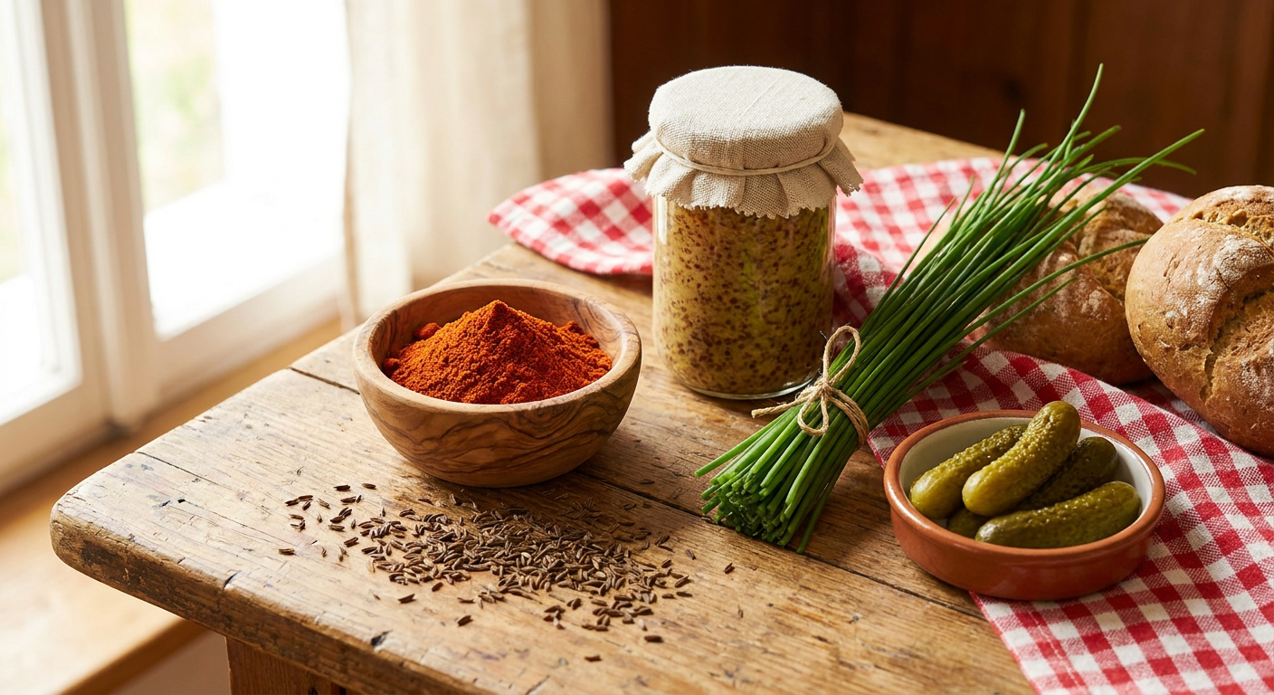 Gewürze für Liptauer: Paprikapulver, Kümmel, Senf, Schnittlauch und Essiggurkerln