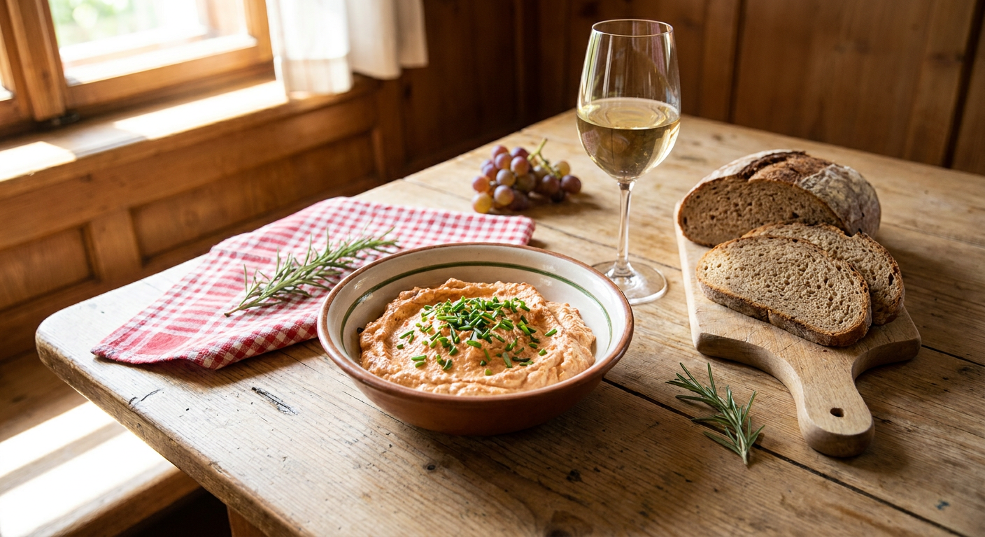 Klassischer Liptauer Aufstrich serviert mit Bauernbrot und Weißwein