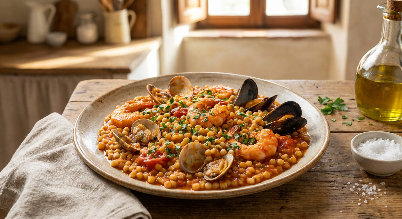 Köstlicher Teller Fregola Sarda mit Meeresfrüchten und frischen Kräutern