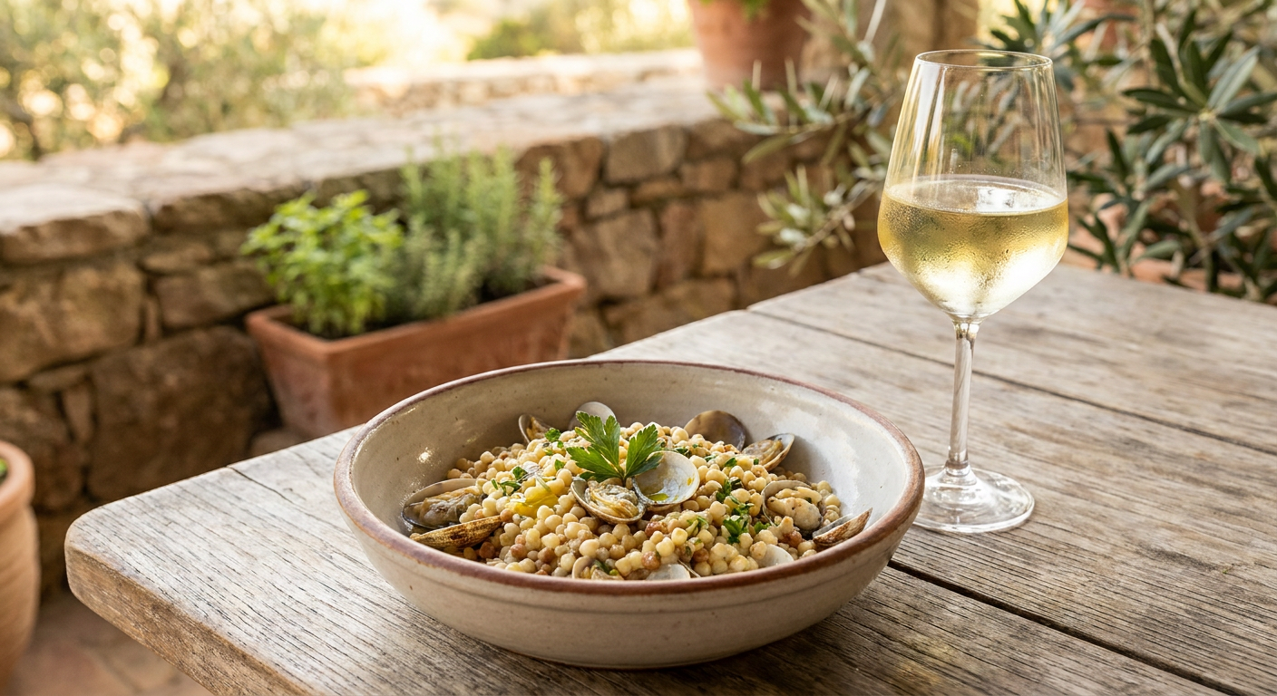 Fregola Sarda mit frischen Muscheln serviert neben einem Glas gekühltem Vermentino Weißwein