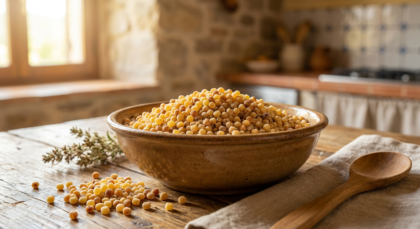Rohe Fregola Sarda Pastakörner in einer rustikalen Tonschüssel