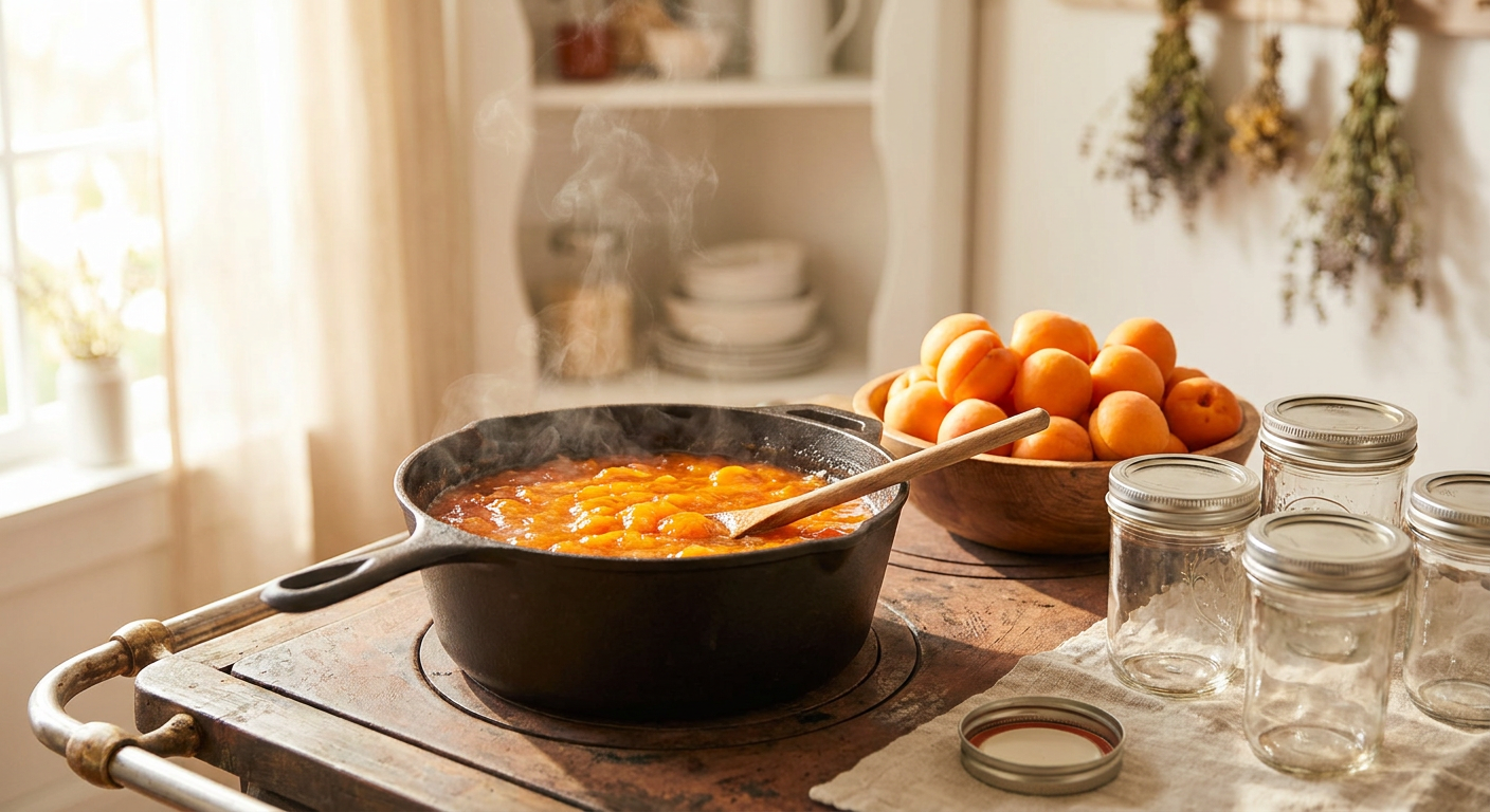 Cooking apricot jam in a copper pot