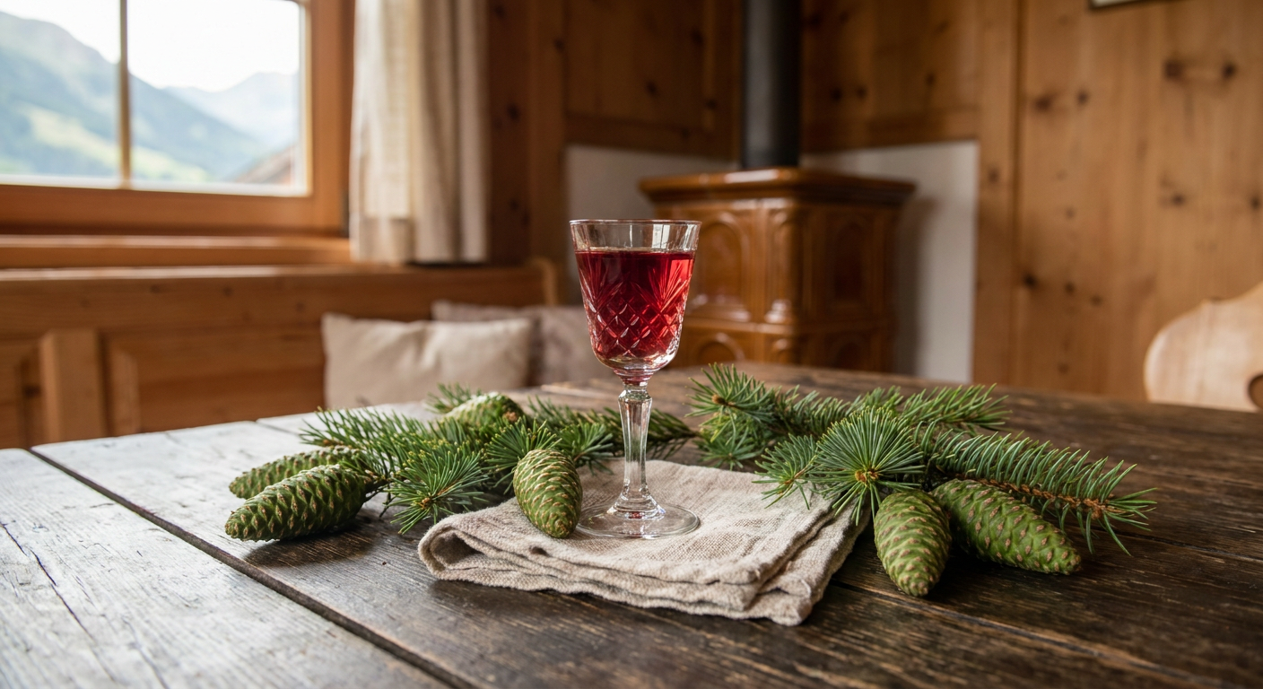 Glas mit rubinrotem Zirbenschnaps neben frischen Zirbenzapfen auf einem Holztisch