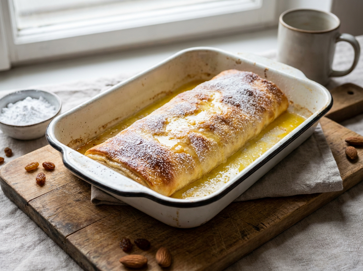 Frisch gebackener goldgelber Topfenstrudel auf Holzbrett