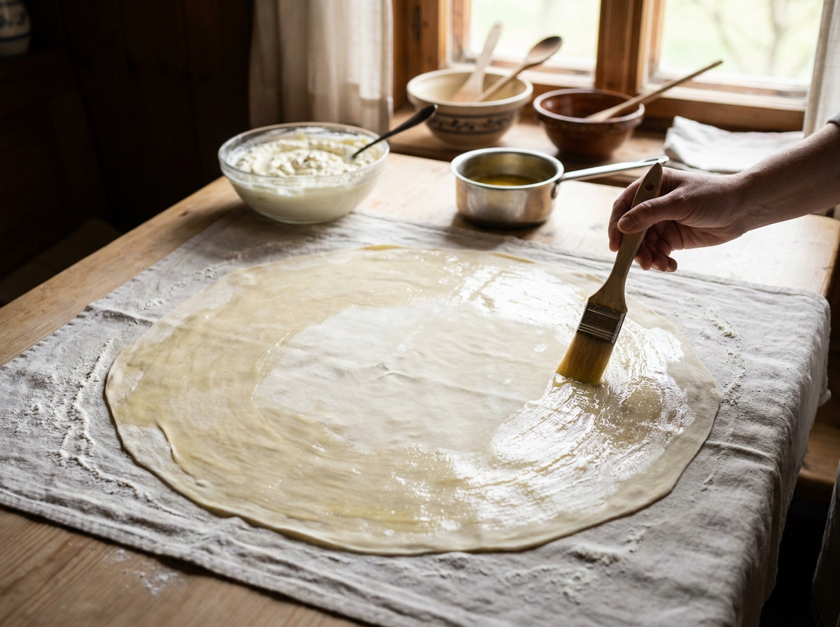 Zart ausgezogener Strudelteig auf Bäckertuch