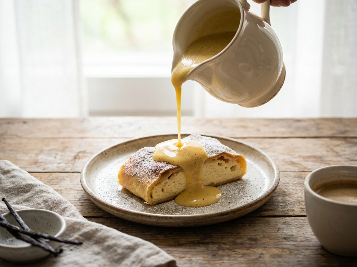 Warme Vanillesauce wird über ein Stück Topfenstrudel gegossen