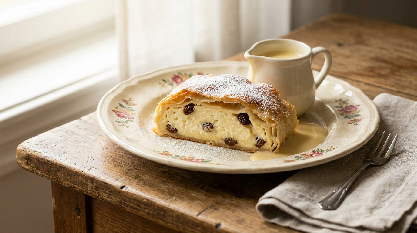 Wiener Topfenstrudel frisch serviert mit warmer Vanillesauce