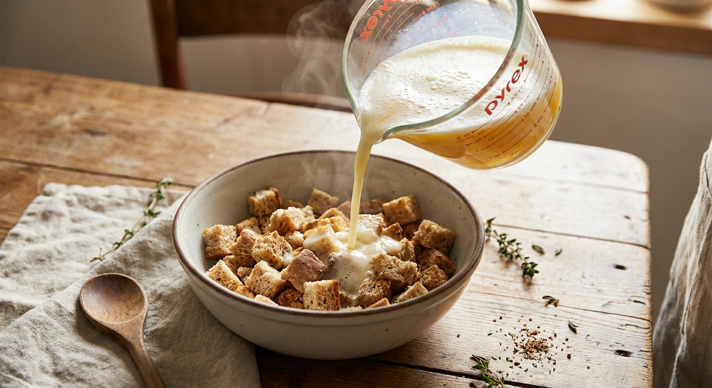 Milch-Ei-Mischung über Knödelbrot gießen
