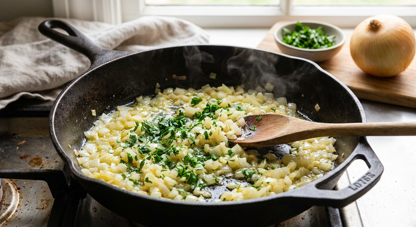 Zwiebeln und Petersilie in Butter dünsten