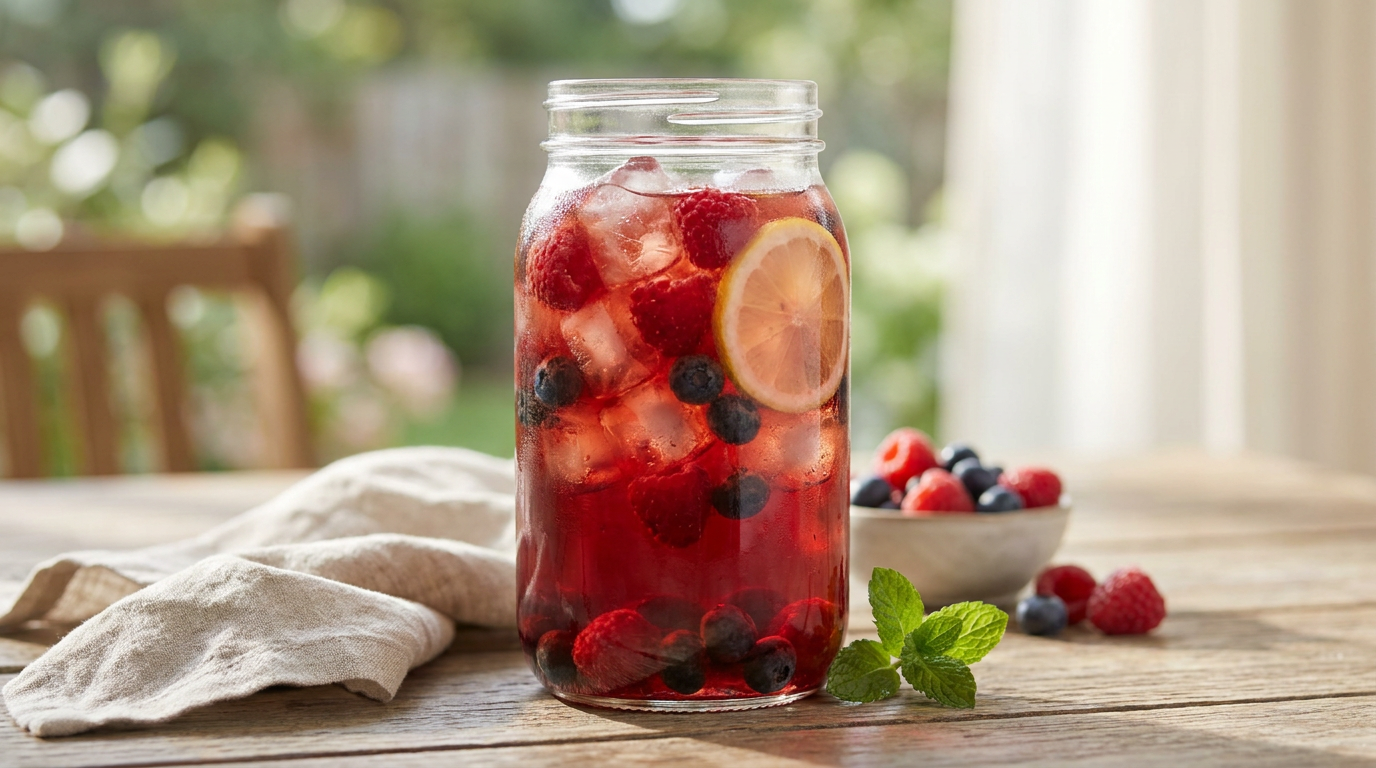 Leuchtend roter Beeren Cold Brew Eistee mit frischen Himbeeren und Eis