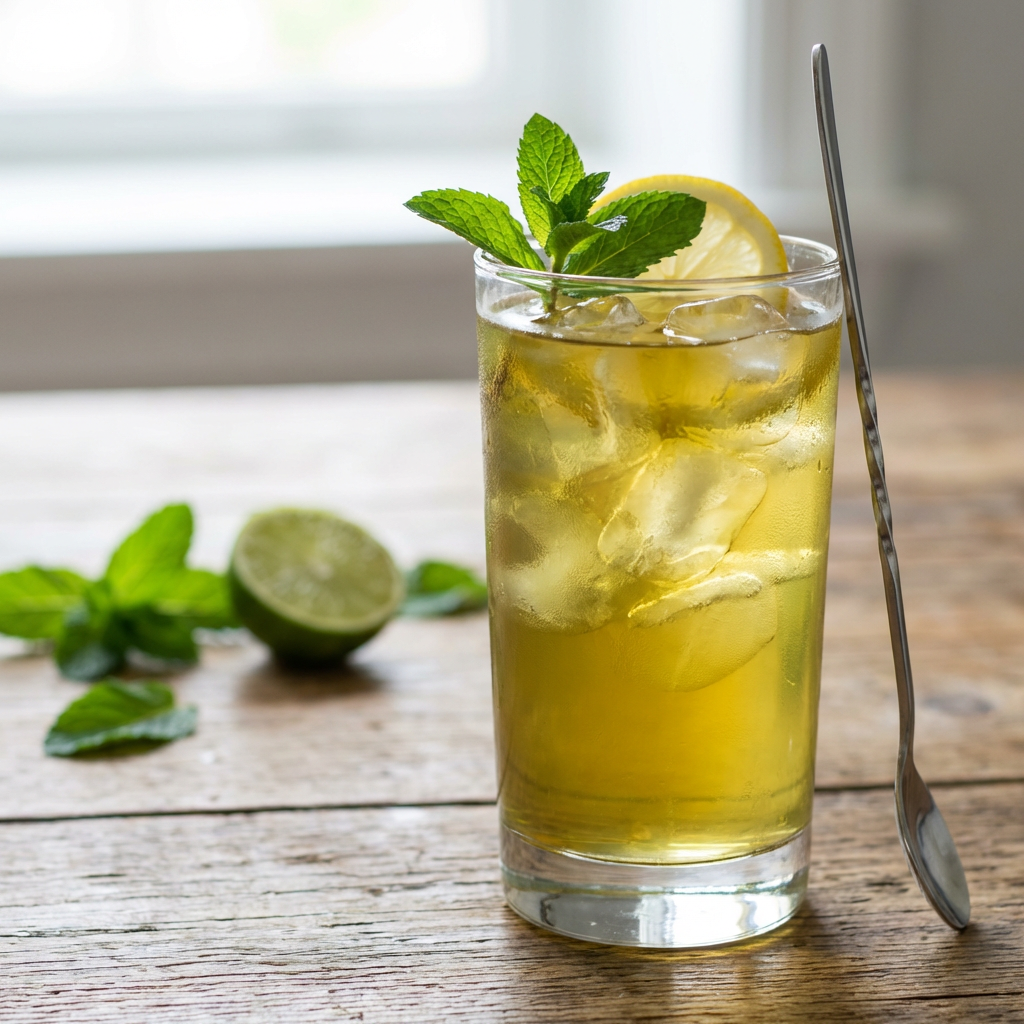 Grüner Eistee mit Eiswürfeln, Zitronenscheibe und Minze