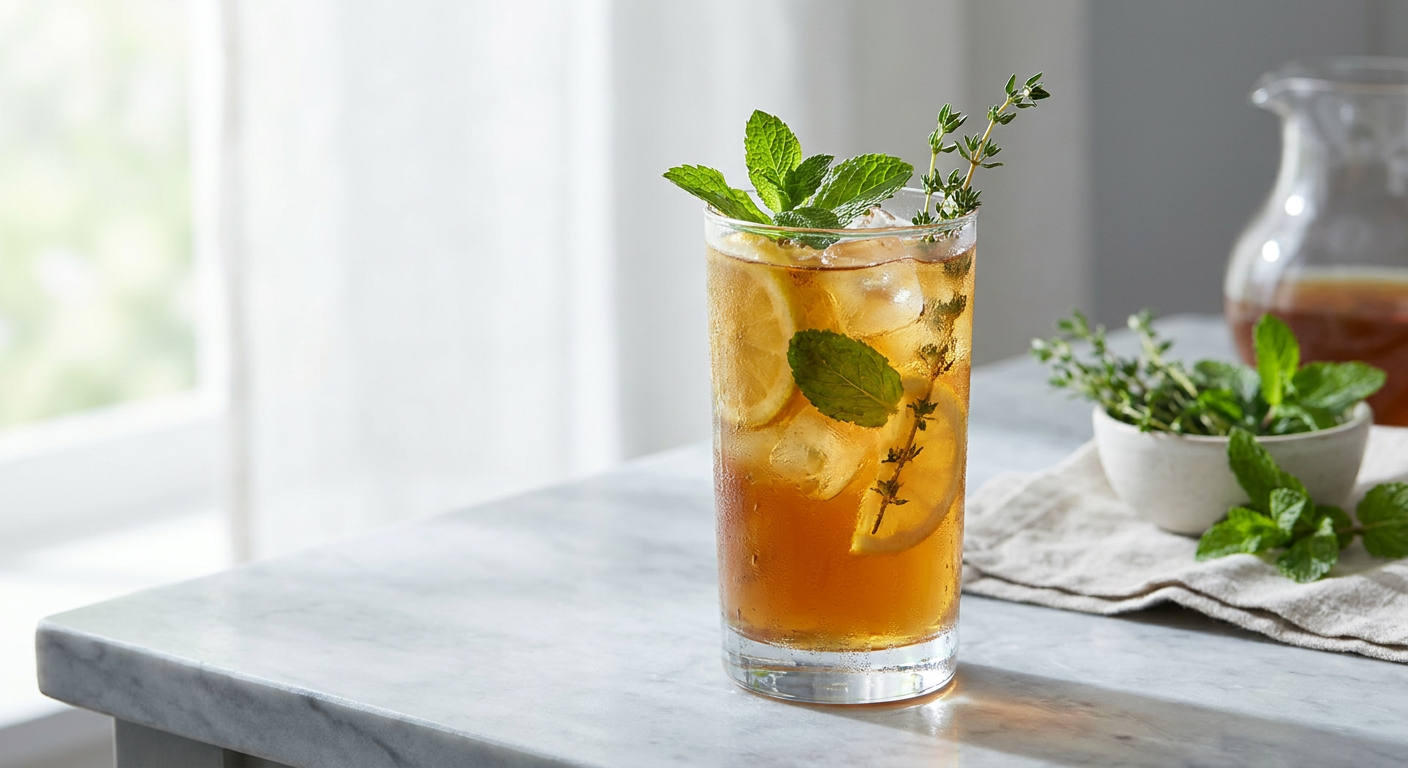 Glas mit eisgekühltem Zitronen-Eistee, frischer Minze und Zitronenscheiben