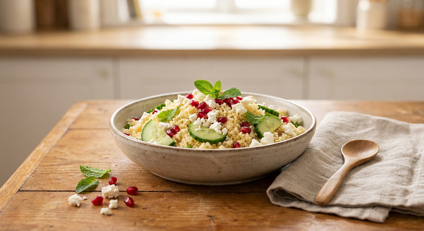 Bunte Couscous-Bowl mit Gurkenscheiben, Feta, Granatapfelkernen und Minze