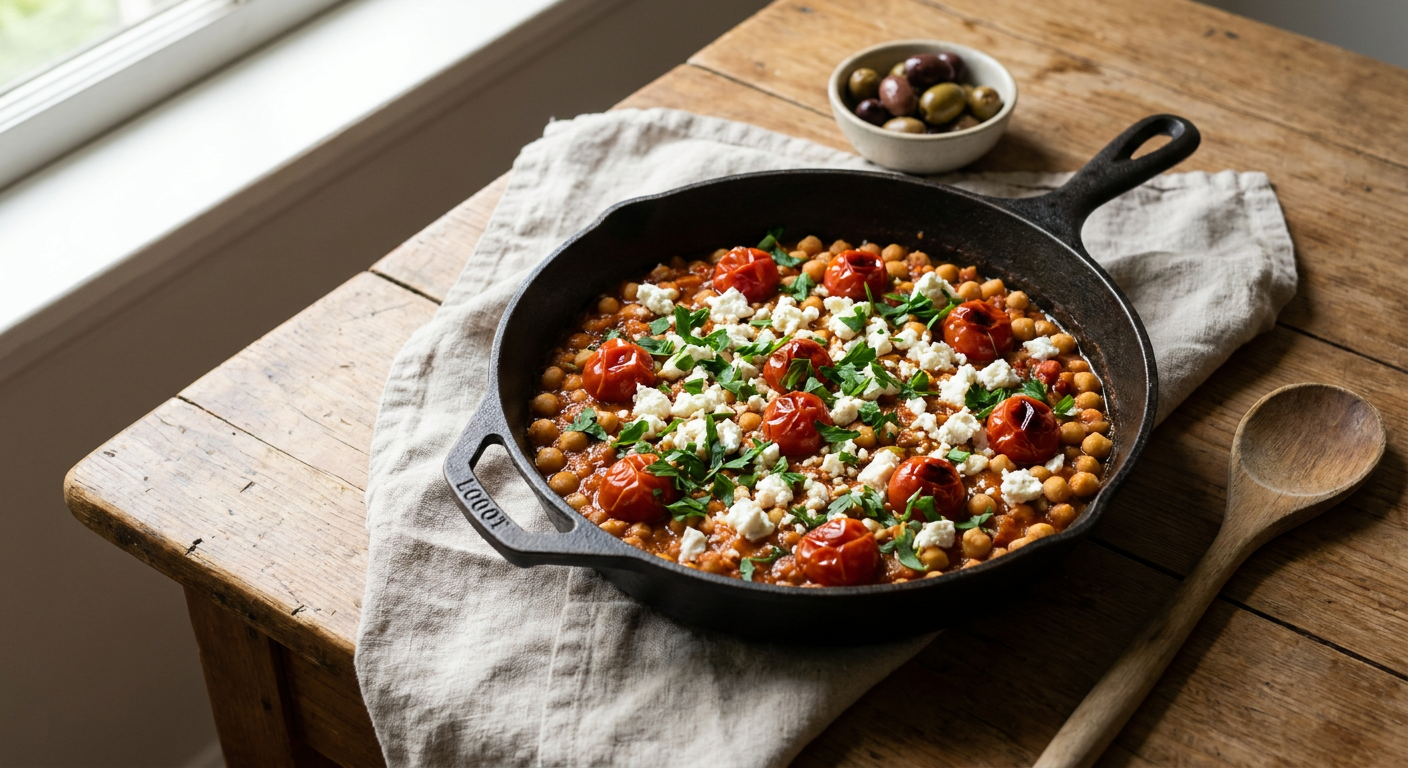 Mediterrane Kichererbsen-Pfanne mit zerbröckeltem Feta und frischer Petersilie