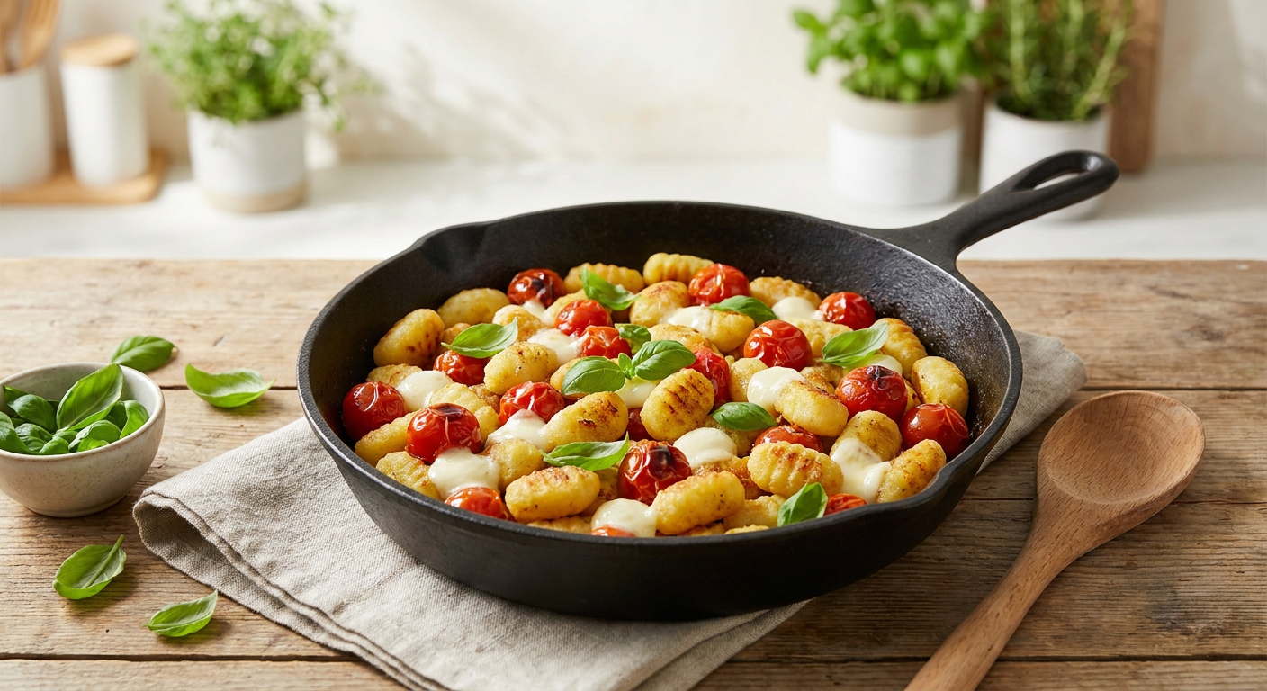 Schnelles Abendessen in der Pfanne mit frischen Gnocchi und Tomaten