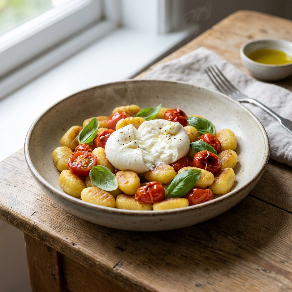 Goldbraun angebratene Gnocchi mit Pesto, Kirschtomaten und cremiger Burrata