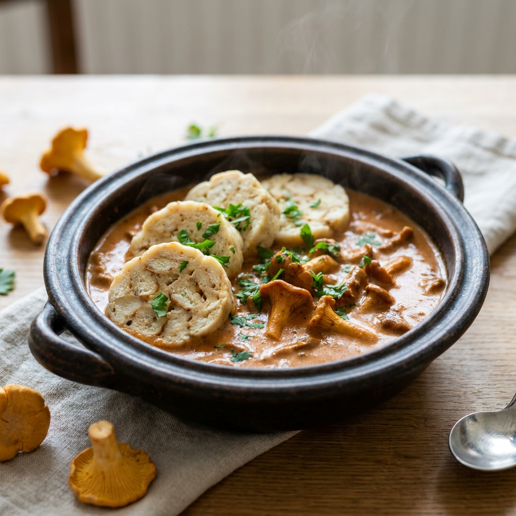Cremiges Eierschwammerlgulasch mit Serviettenknödel