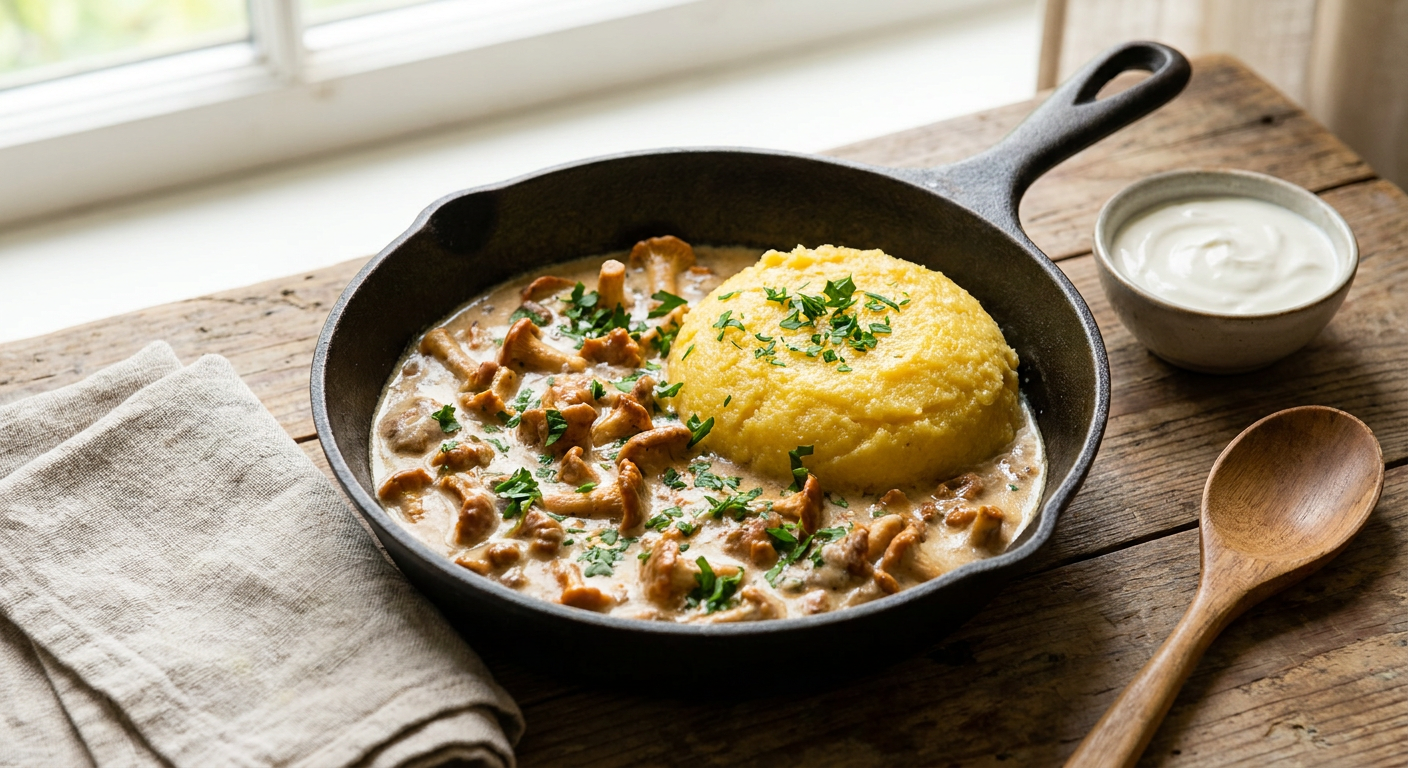 Servierbereites Schwammerlgulasch mit frischen Kräutern