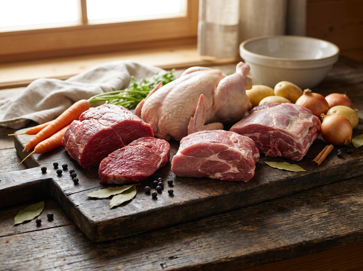 Frische Fleischsorten für die Kärntner Kirchtagssuppe: Rind, Hendl, Schwein und Lamm
