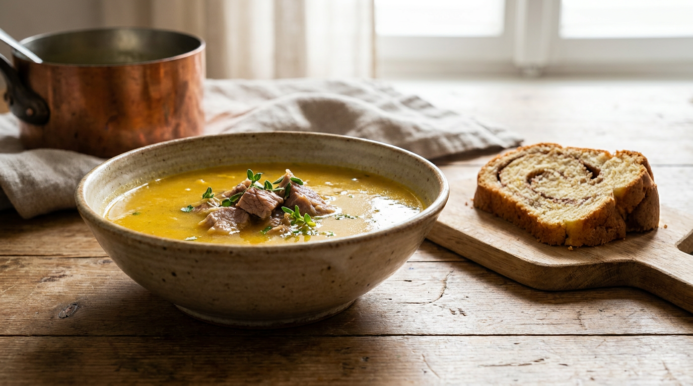 Echte Kärntner Kirchtagssuppe mit gelbem Safran-Rahm-Guss und Reindling