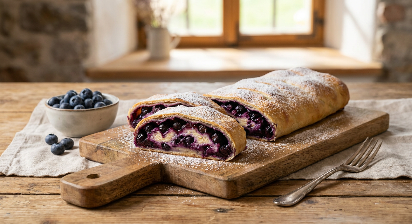 Frisch gebackener fruchtiger Heidelbeerstrudel aus Blätterteig mit Staubzucker