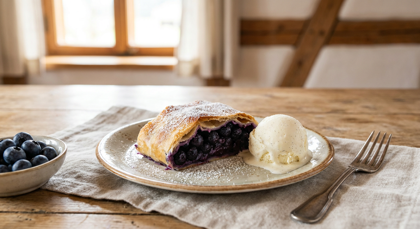 Stück Heidelbeerstrudel serviert mit einer Kugel Vanilleeis