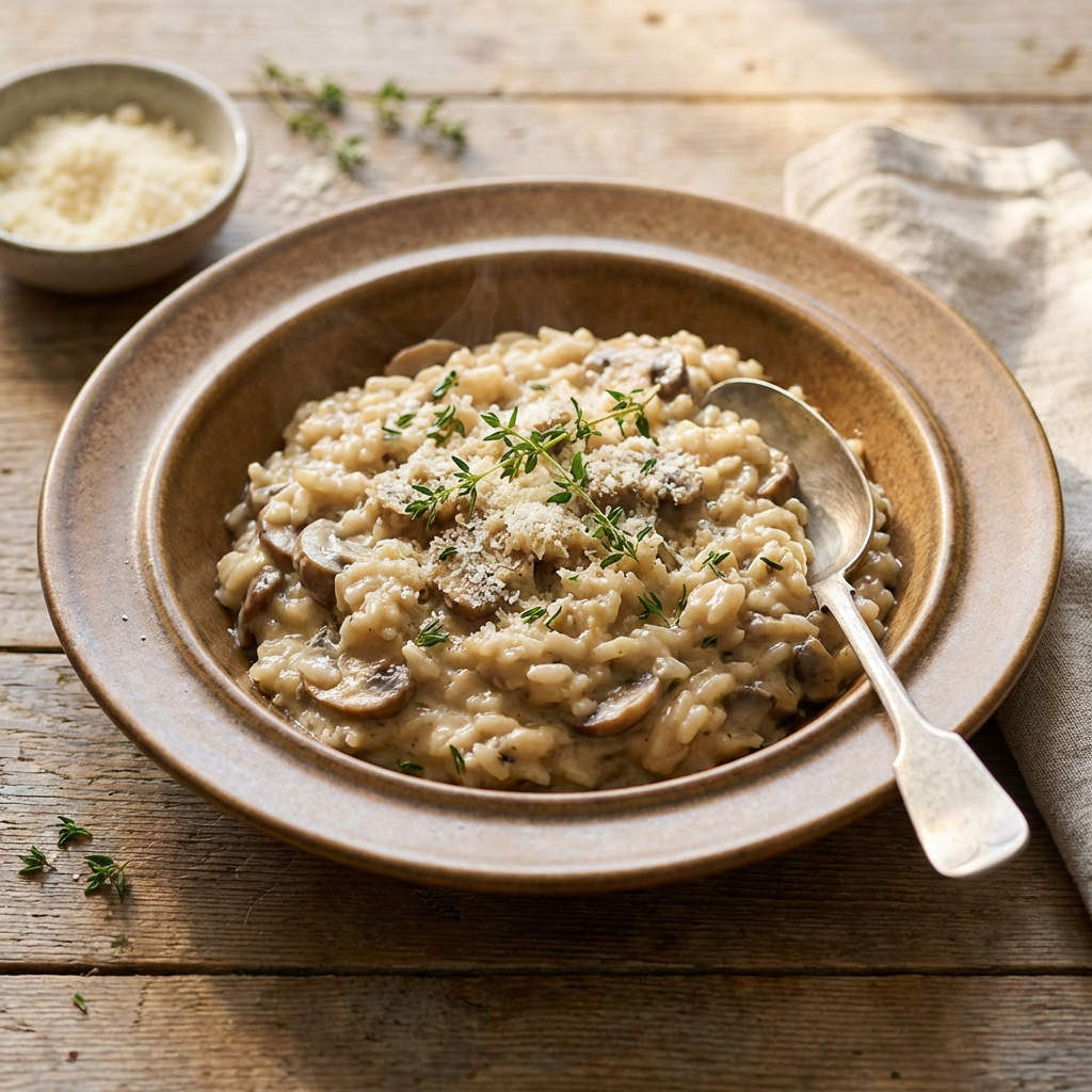 Cremiges Eierschwammerl-Risotto serviert mit Parmesan und frischem Thymian