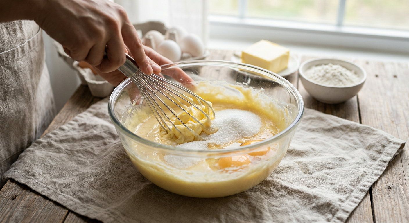 Schaumig schlagen von Butter, Eiern und Zucker für den Rührteig