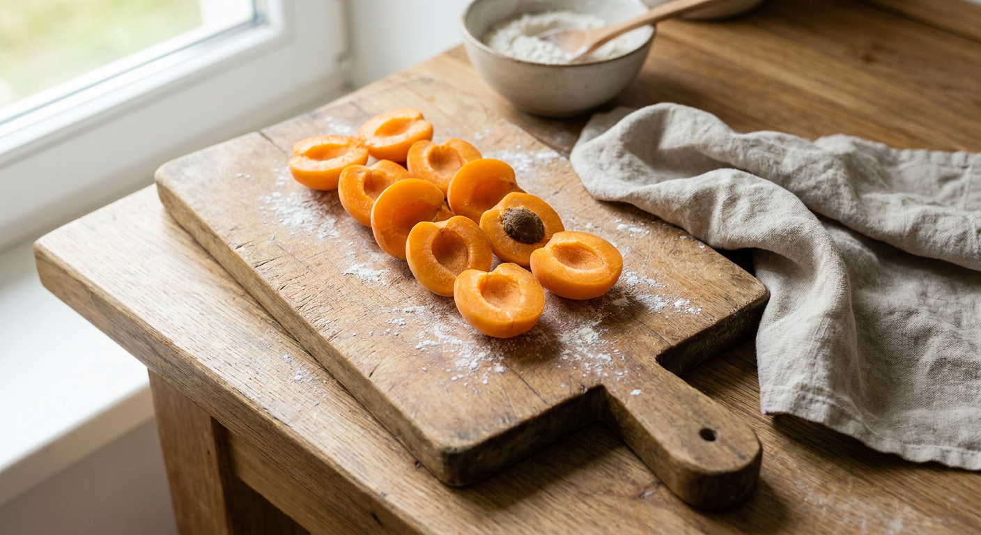 Frische halbierte Marillen auf einem Holzbrett
