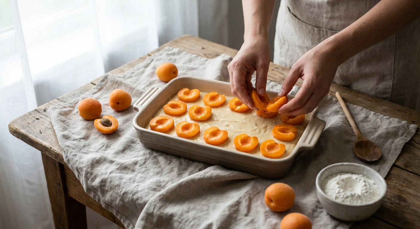 Belegen des Blechkuchens mit Marillenhälften