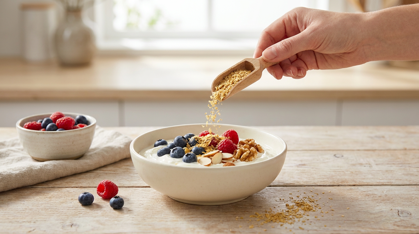 Schüssel mit frischem Müsli, Joghurt, Beeren und goldenen Weizenkeimen