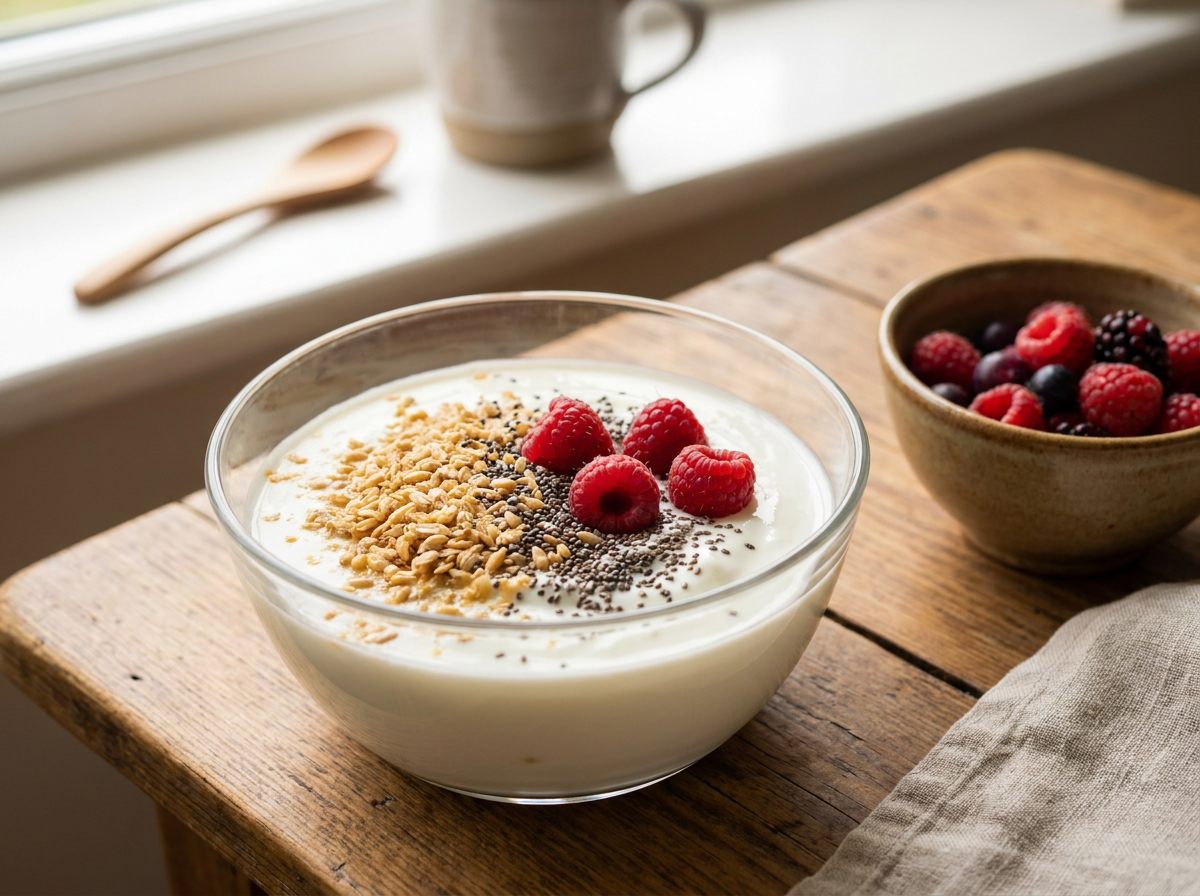 Joghurt Schüssel garniert mit Weizenkeimen und frischen Beeren