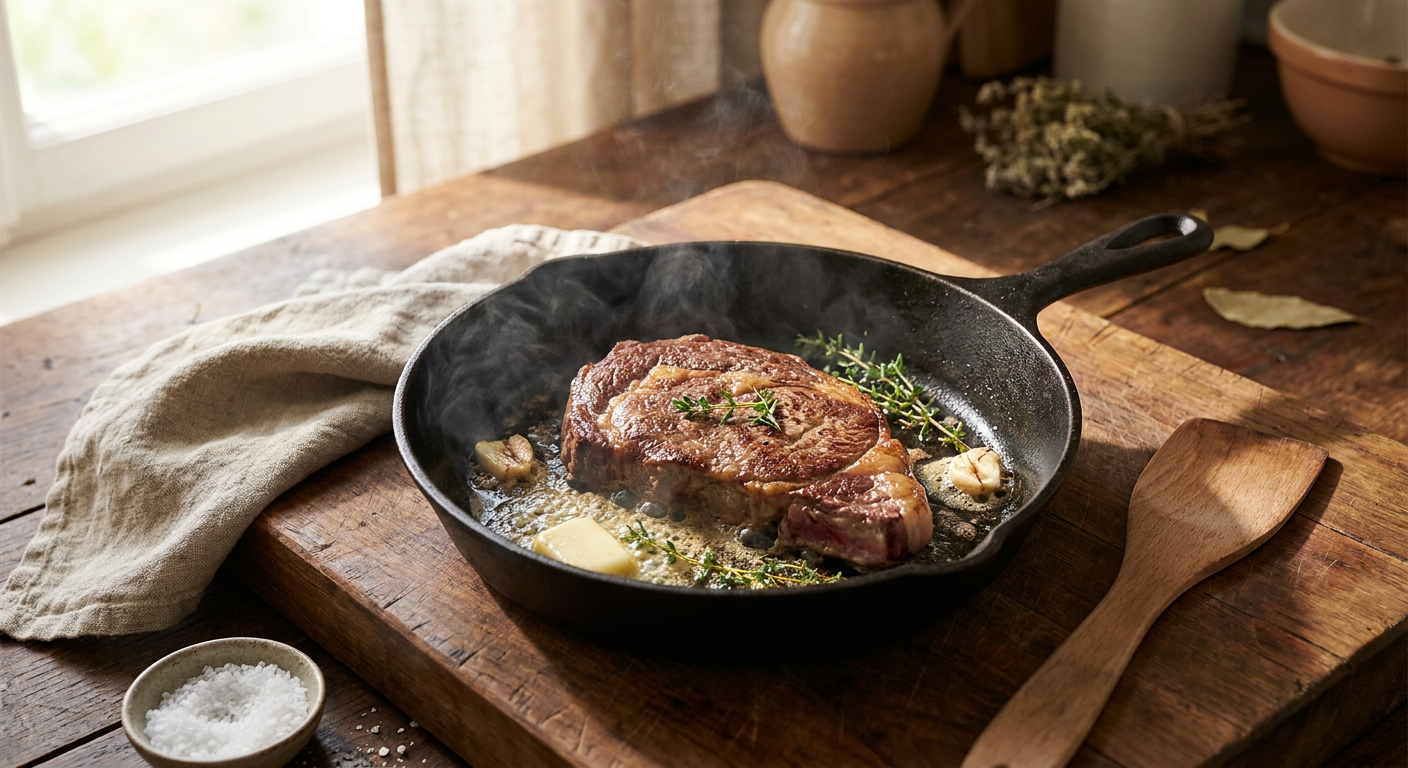 Beiried Steak in heißer Gusseisenpfanne mit Butter und Kräutern